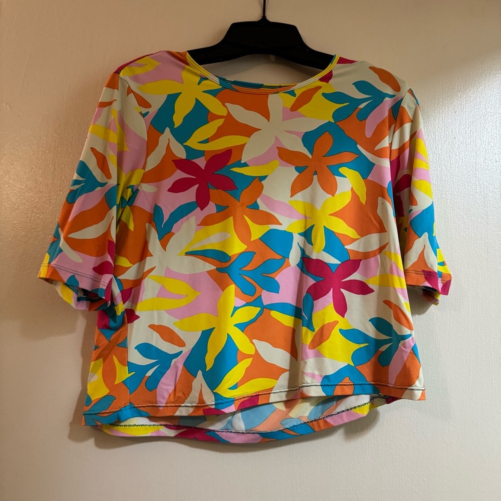 Lands End Multicolored Pink Blue Floral Long Sleeve Swim Shirt Size M/P (10-12)